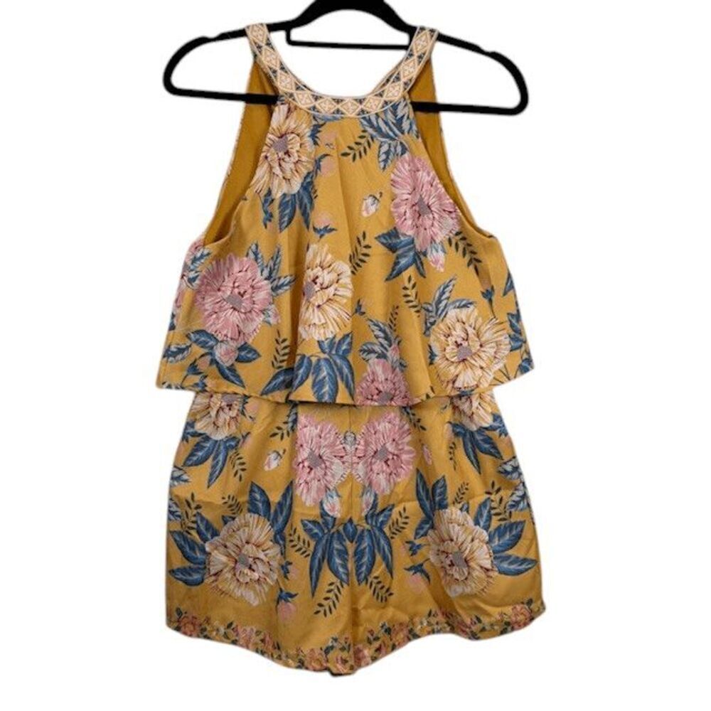 Blue Rain Floral Short Romper Halter neck Golden Yellow Blue Pink Size Small